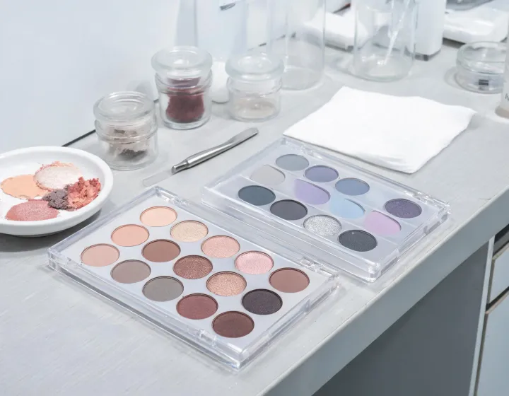 eyeshadow palette manufacturer on a cosmetics bench, illustration only